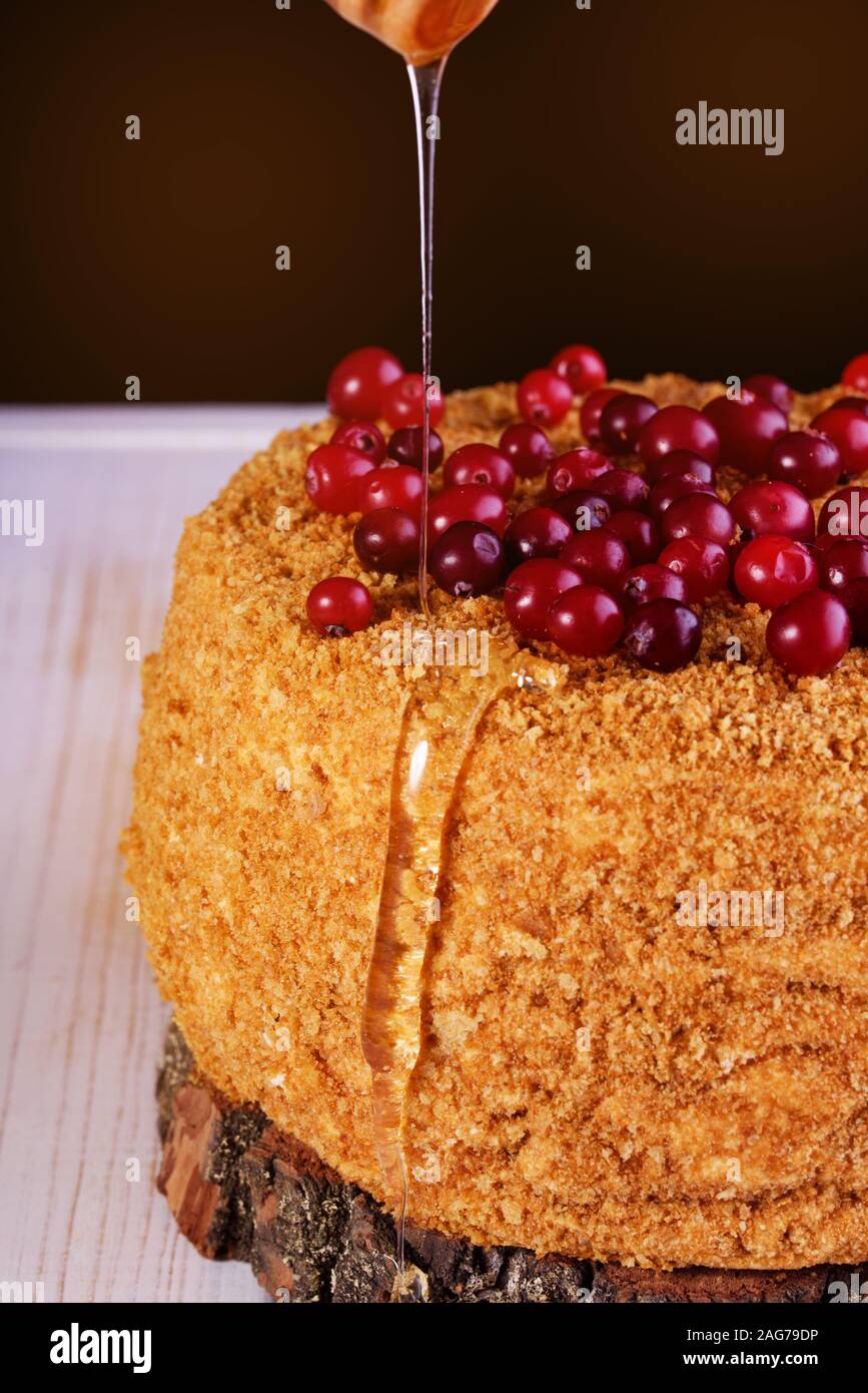 Deliziosa torta con frutti di bosco freschi, polvere e gocce di miele. Pasticceria, dolci, torta di compleanno. Foto Stock