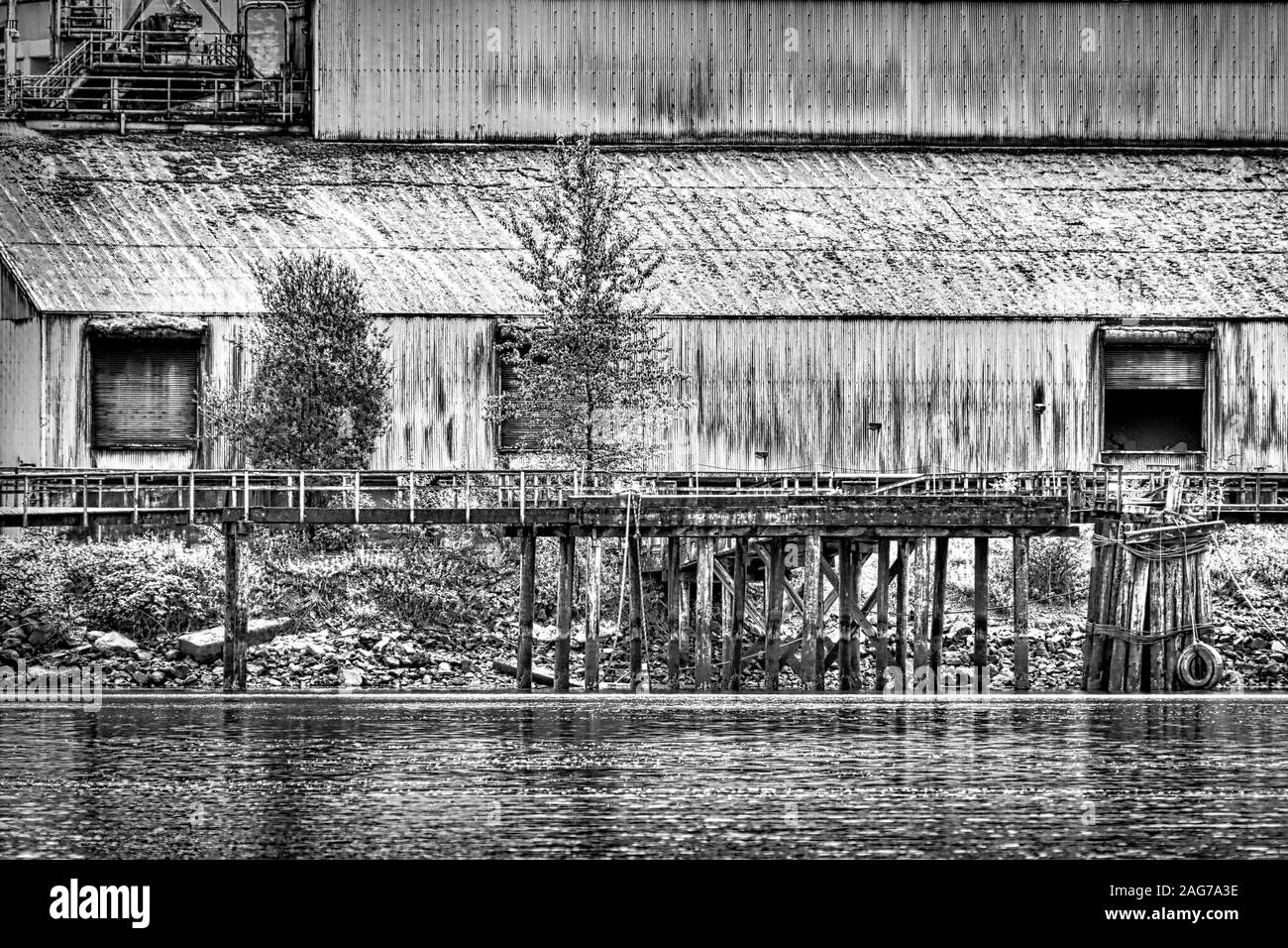 Foto in scala grigia di un molo di legno sul fiume con cottage sullo sfondo Foto Stock