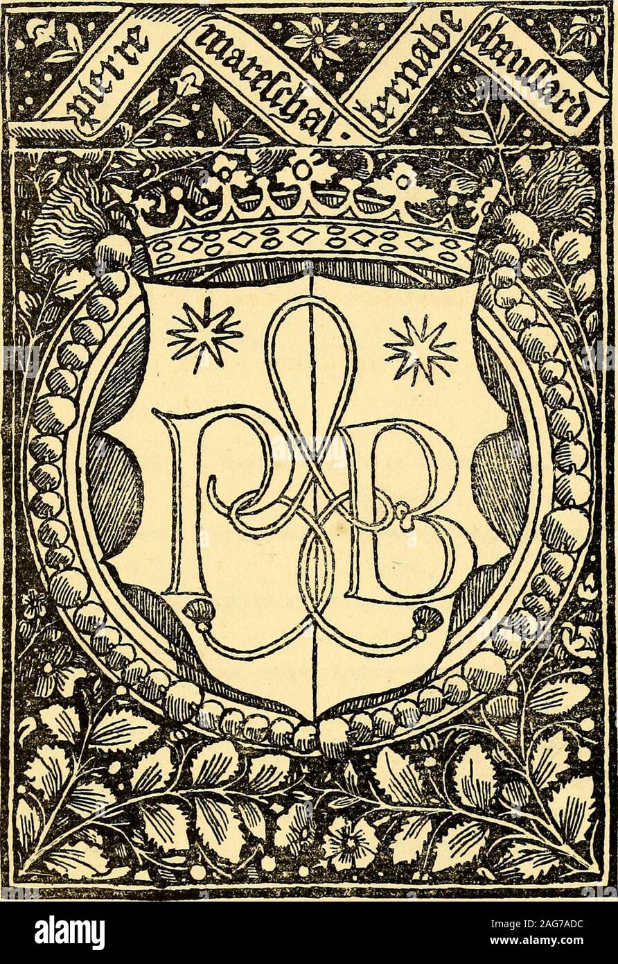 . Marques typographiques, ou Recueil des monogrammes, chiffres, enseignes, emblèmes, escogita, rébus et fleurons des libraires et imprimeurs qui ont exercé en France depuis l'introduzione de l'imprimerie en 1470 jusqu'à la fin du seizième siècle : à ces marques sont jointes celles des libraires et imprimeurs qui pendant la même période ont publié, hors de France, des livres en langue française. :LAh NOMS DES LIBRAIRES ET IMPRIMEURS. ho307 Mareschal (Pierre) et Ghaussap.t (Bernahé). - Voyez le n n6. i3o8 Plantin (Christophe). - Voyez les n° 35o, 35i, 807 à 809, 865,loi/i, ioi5 et 1220. l3o9 Roui Foto Stock