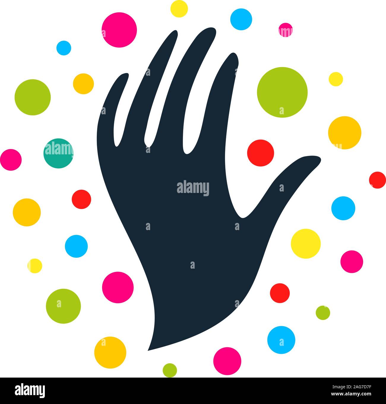 Logo rotondo con l'immagine di nero le mani, palloncini colorati e allegri perline di festa intorno alle sue mani illustrazione vettoriale Illustrazione Vettoriale