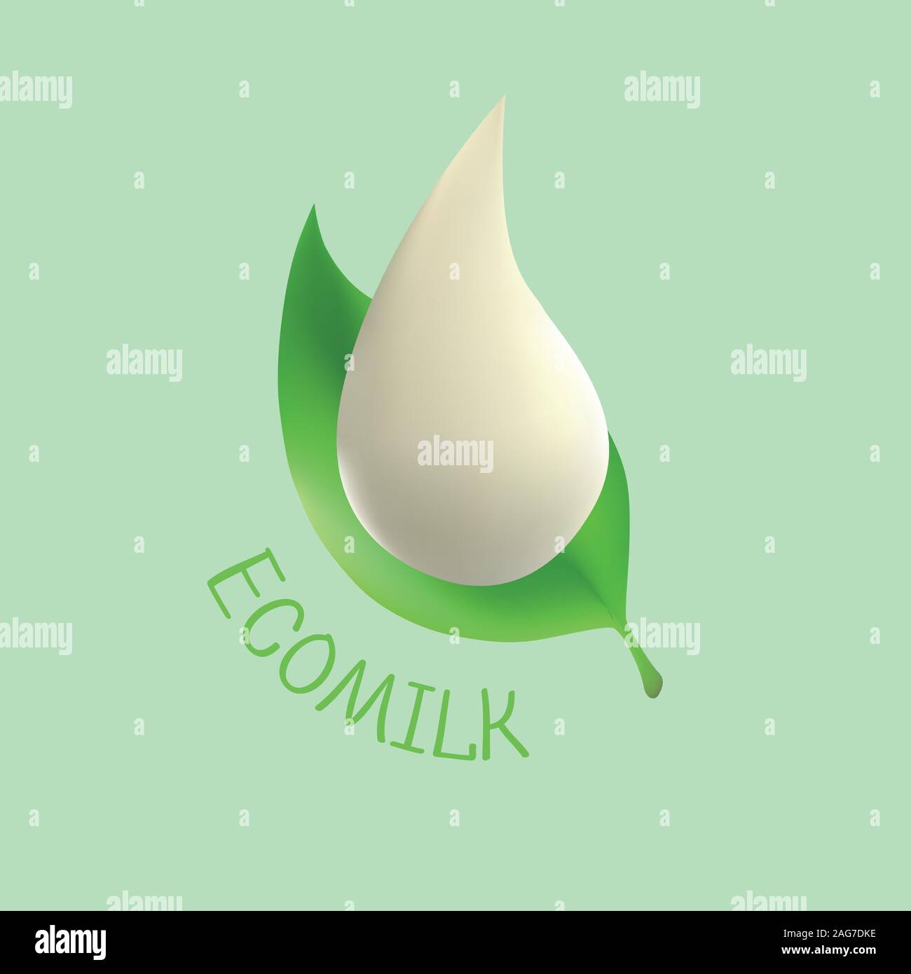 Eco logo del latte. Goccia di latte bianco sul verde e fresco foglie dell'albero. Il vettore isolato logo inusuale. Il logo di saluto. Illustrazione Vettoriale