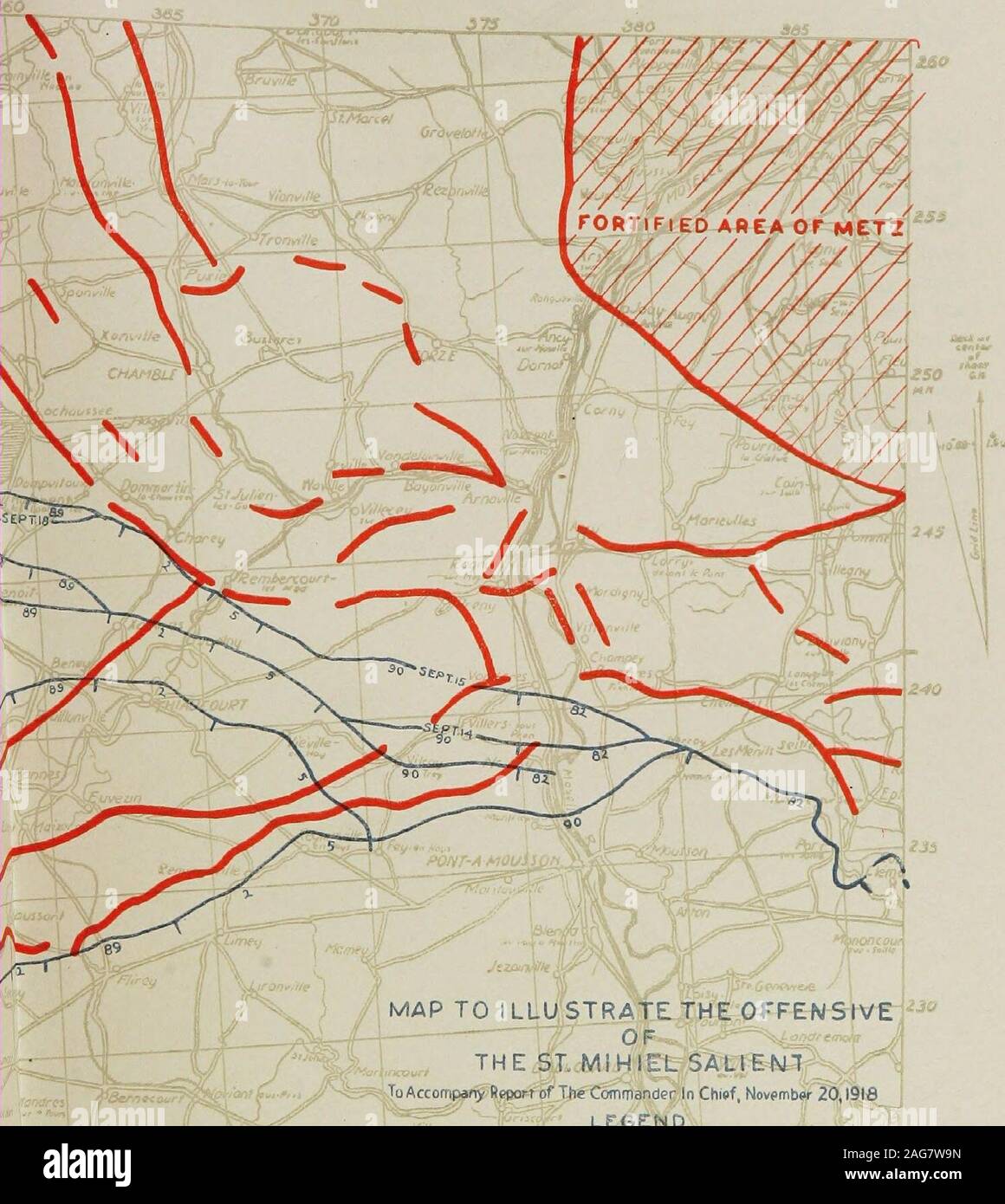 . Storia del reggimento, trecento e quaranta-primo campo di artiglieria, ottanta-nona divisione dell'esercito nazionale. ^eo. ^^GfOiroutrrcz ) /(MAPPA DI ILLU;STRATETHEOFFENSlX^ T H E J& JVl 1 H 1E L SAL] EMI  ^ ToAccom^^;Beoo)=i=^iif TJigi:ommandeG in capo, Novsmb*- iDifSlfi ^^l,:.;:|;f|r leggenda ? F Amerri&3n,Dail^,linee di anticipo ? Io ? ?- Mi io.Ho™UI..-i Freficfi-Colonial -ITroOfS /^^^; ^^f"n*y-f&GT;eferices^^ mi( Ij .r1: szs Foto Stock