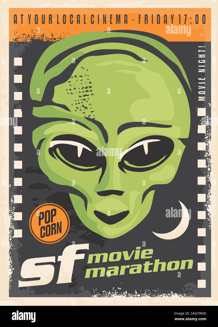 Film di fantascienza notte Retrò design poster con alien e la striscia del film su sfondo scuro. Evento cinematografico flyer vintage. Illustrazione Vettoriale. Illustrazione Vettoriale