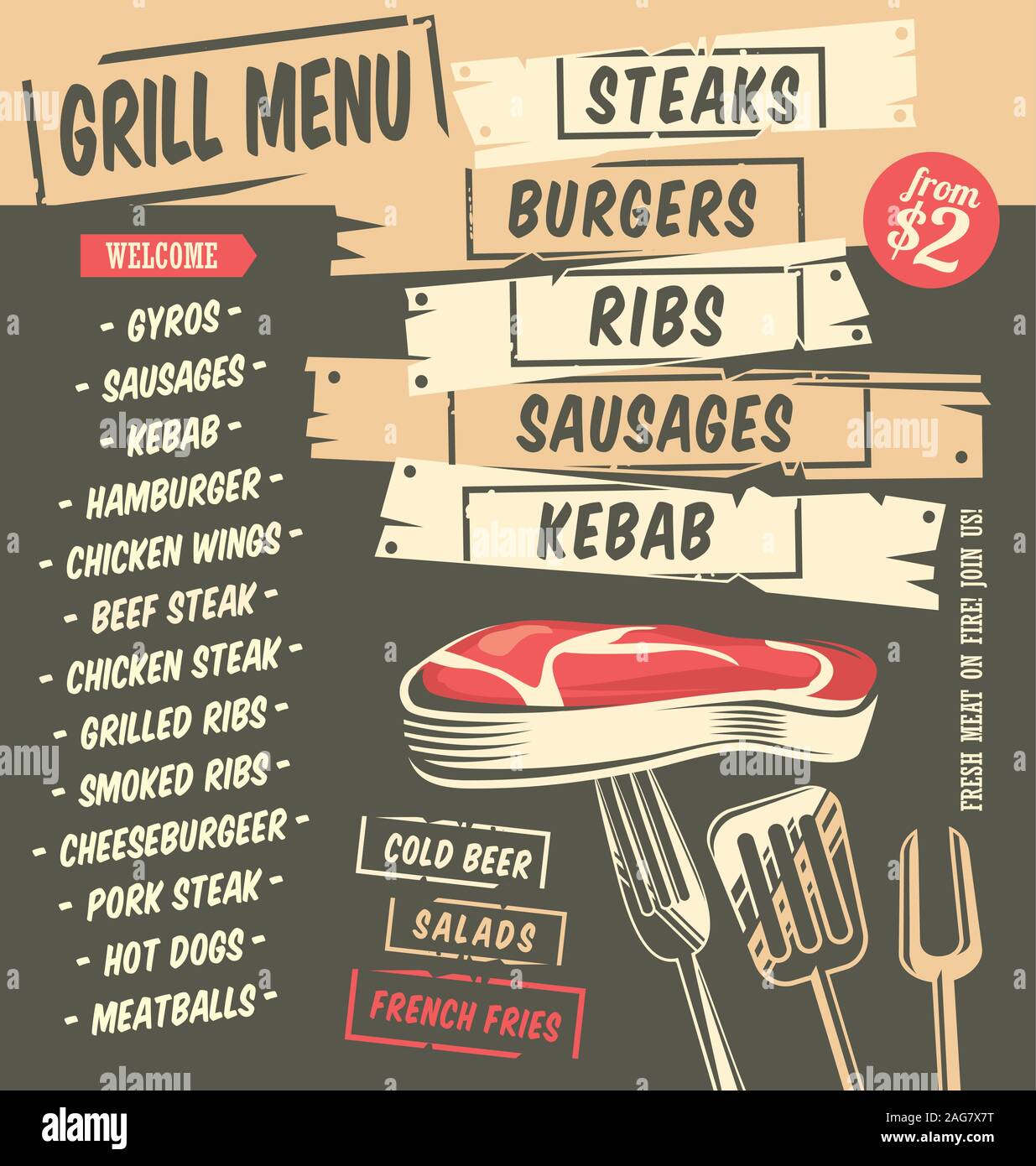 Menu Grill creative design artistici con grafica di cibo. Il menu del ristorante modello. Bistecche e hamburger, del kebab, nervature, salsicce illustrazione vettoriale. Illustrazione Vettoriale