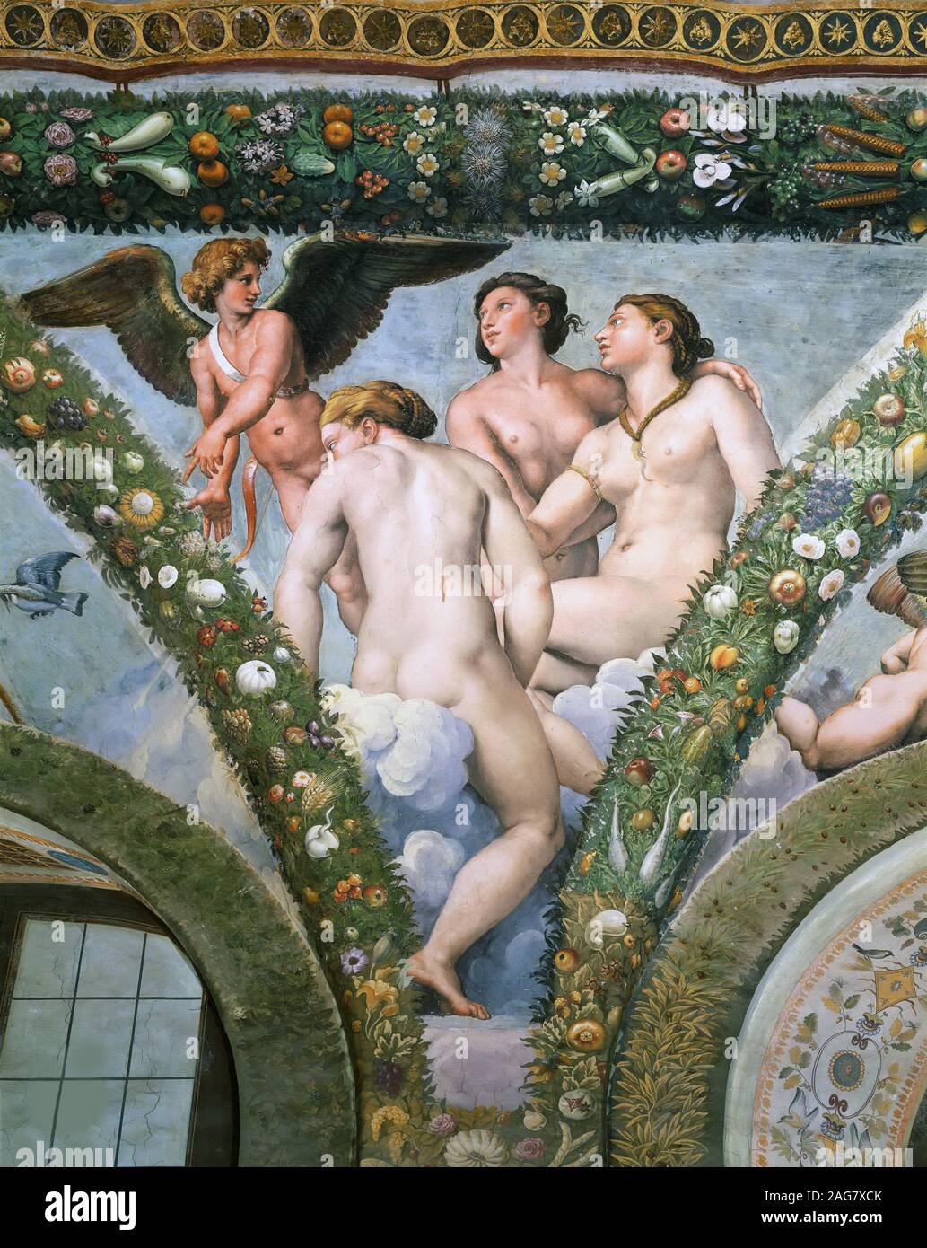 Cupido e le Tre Grazie , 1517-1518. Presenti nella collezione di Villa Farnesina a Roma. Foto Stock