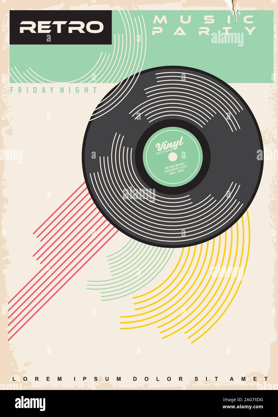 Retrò festa di musica design poster. Dischi in Vinile Il grammofono disco sul vecchio trama della carta. Illustrazione Vettoriale
