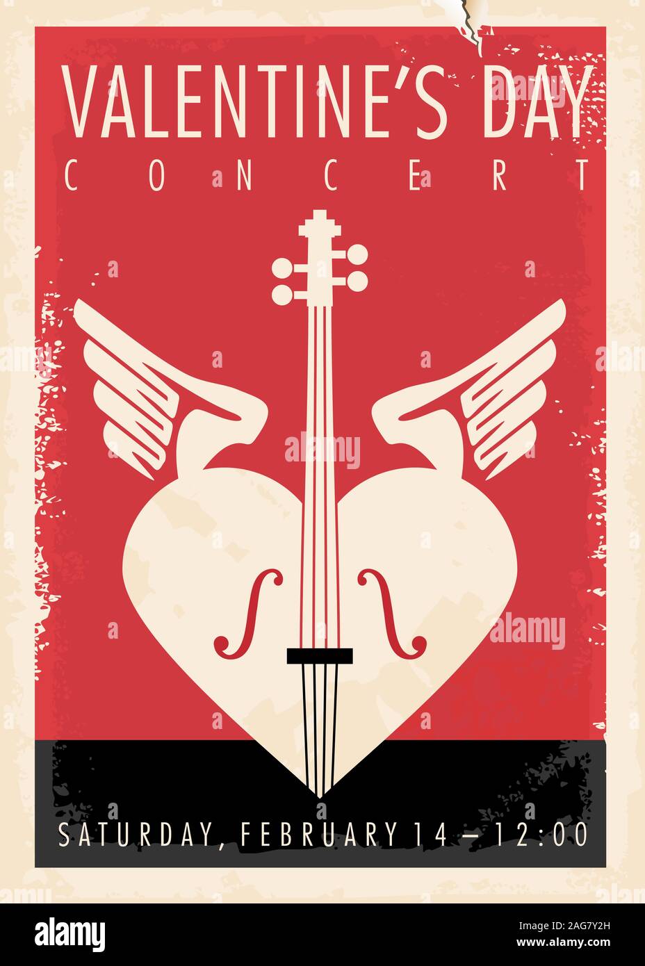 Il giorno di San Valentino concerto di musica poster artistico design con violino, forma di cuore e amore e ali. Vintage illustrazione vettoriale. Illustrazione Vettoriale
