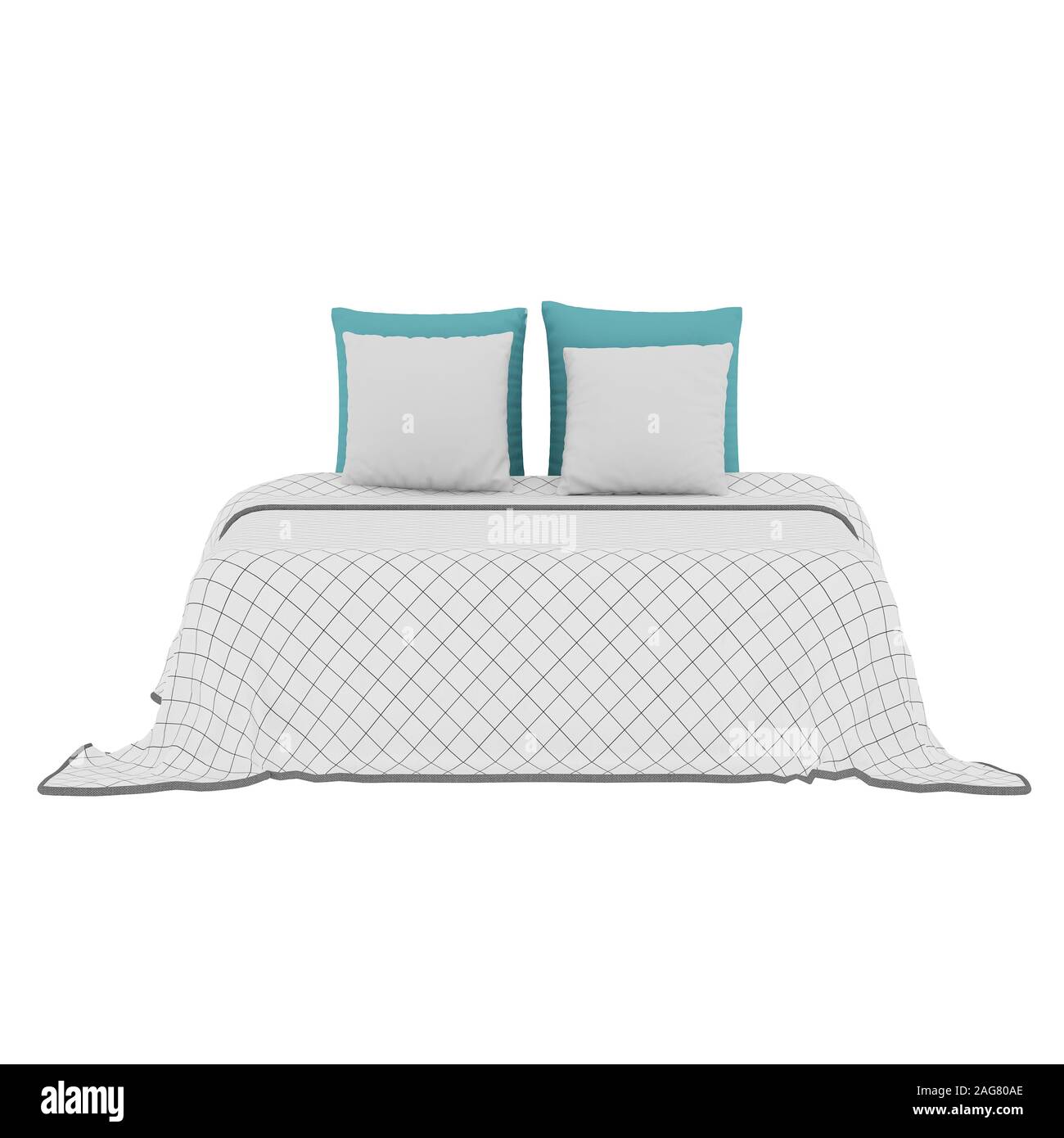 Letto con cuscini e velo bianco su sfondo isolato. Il rendering 3D Foto Stock