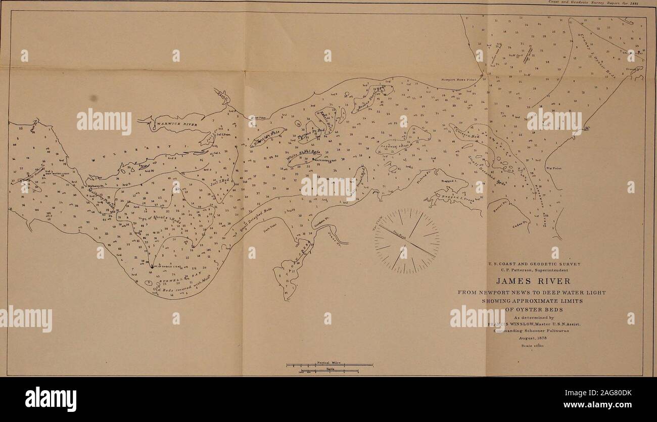 . Metodi e risultati : Relazione sulle ostriche del fiume James, Va. e di Tangeri e Pocomoke suoni, Maryland e Virginia. U.S.COSTA E SURVEYC geodetici. P. Patterson, Slip erinten dent James River 1WPORT NEWS ad acqua profonda LIGHTHOWING LIMITSOF approssimativo di ostriche come determinato TsyFRANCIS ¥INSLOV,MA,ster U. S.N.Assist.Conaxna-nding Scliooner Palriruru.sAu.g-u.st, 1878 scala 50.000 gai.w&GT;i. da jEJT.Fowter. 46 Foto Stock