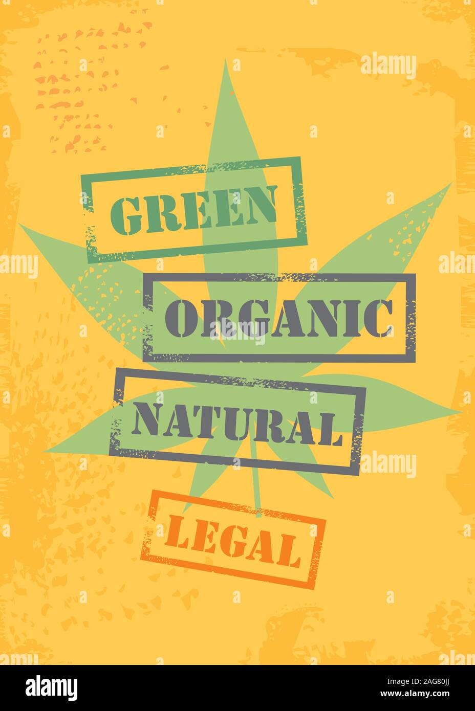 Illustrazione Vettoriale di marijuana foglie giallo su sfondo grunge. T shirt modello grafico con la pianta di cannabis. Illustrazione Vettoriale