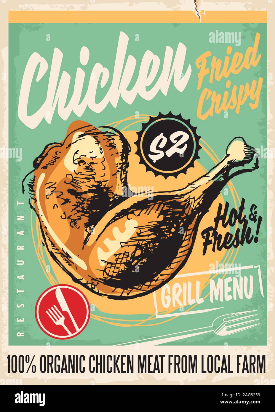 Croccante di pollo fritto gambe retrò ristorante menu design artistici con disegno a mano. Poster Vintage per la cena e uno snack-bar o un ristorante fast food con gr Illustrazione Vettoriale