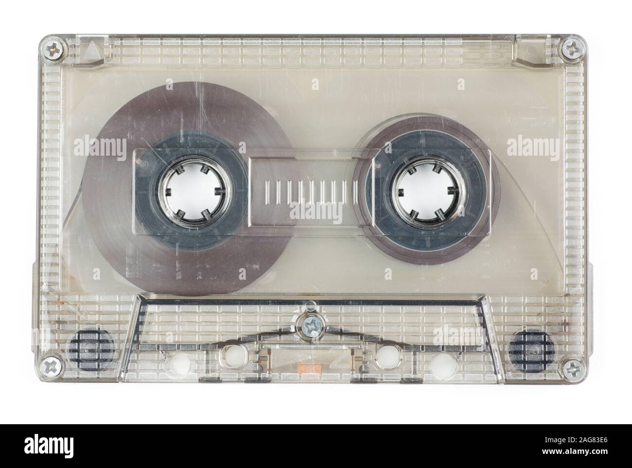 Usato trasparente vintage cassetta compatta su sfondo bianco Foto Stock