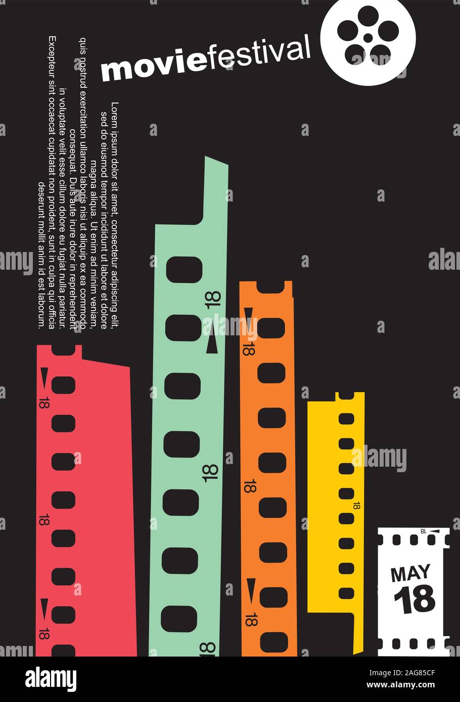 Skyline della città realizzato dalla striscia di pellicola gli elementi di design. Cinema poster Retrò design layout. Minimalista simbolico flyer per il film festival. Illustrazione Vettoriale