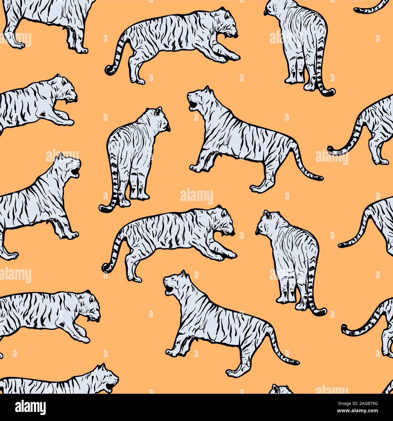 Tigri selvatiche tribal style seamless pattern. Circus zoo o blu e arancione gatti selvatici. Esotiche Animali safari, giungla fauna piastrellabile texture. Creative sfondo infantile, la carta di avvolgimento o il design tessile Illustrazione Vettoriale