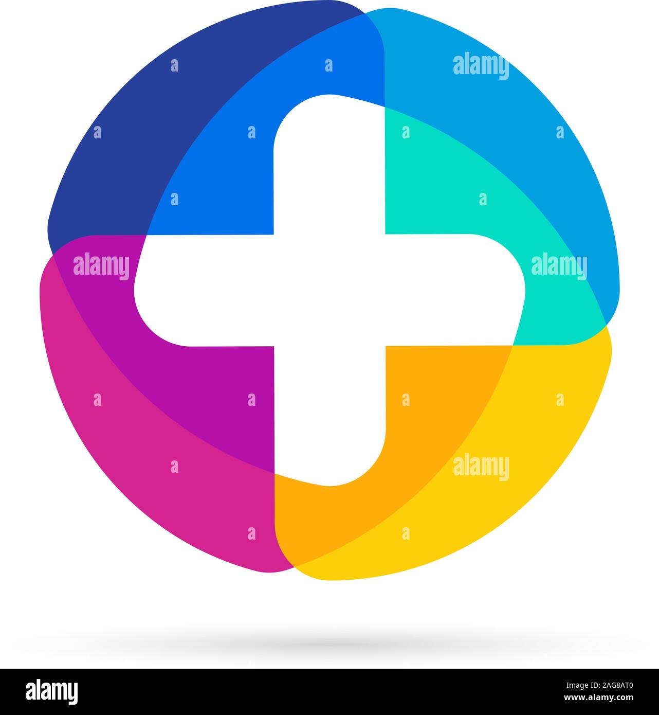 Vettore colorati cross logo. Round Icona mediche. Segno religioso. Ambulatorio medico emblema. Etichetta di ambulanza. Simbolo di pronto soccorso. Pulsante più (+). Illustrazione Vettoriale