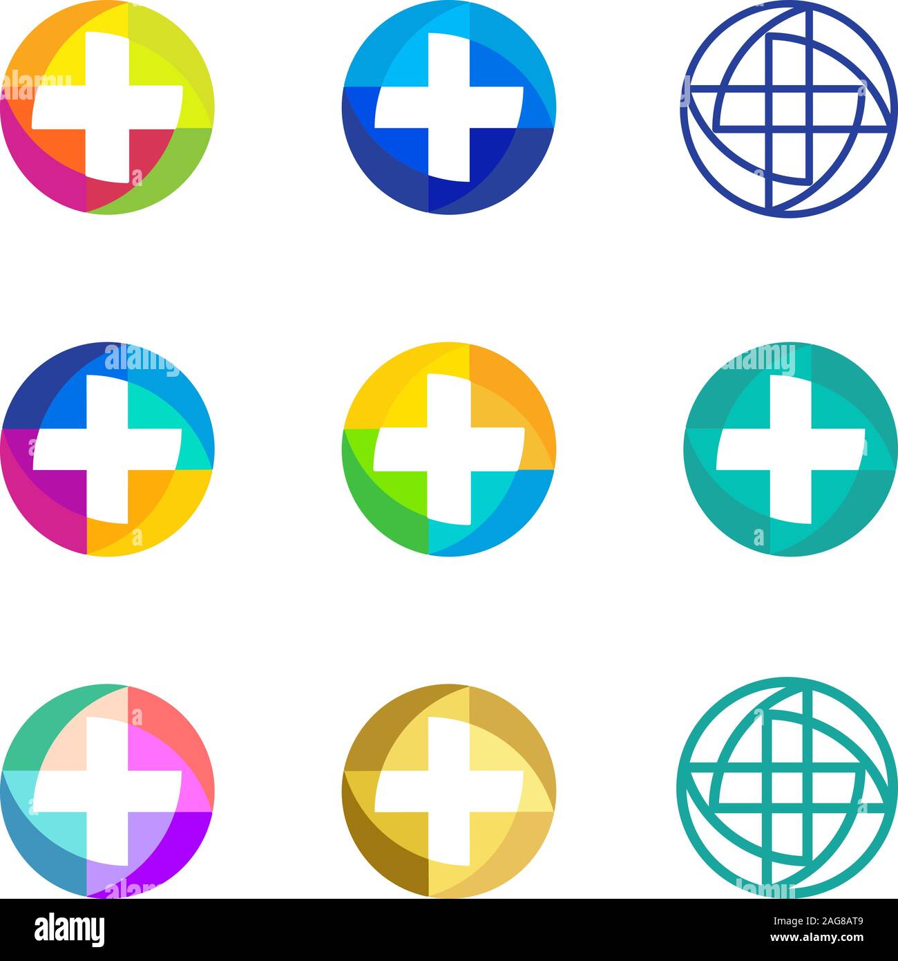 Set di vettore colorati attraversa il logo. Round medical icone. Segni religiosi. Ambulatorio medico emblemi. Etichette di ambulanza. Primo soccorso simboli. Pulsanti più Illustrazione Vettoriale