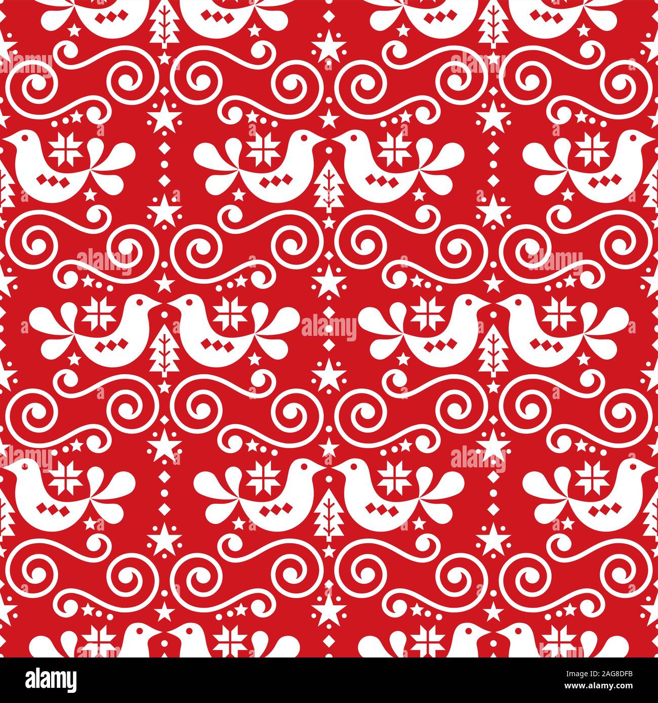 Natale scandinavo folk vettore seamless pattern floreale ripetitivo carino il design nordico con uccelli in bianco su sfondo rosso Illustrazione Vettoriale