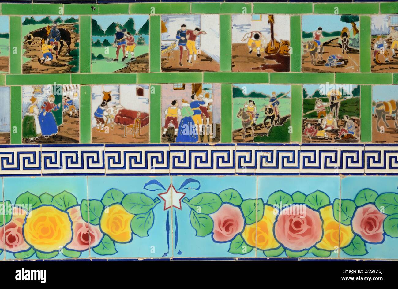Don Chisciotte storia raccontata in mattonelle o piastrelle a muro presso la Fontana Rosa giardino o sui giardini Menton Alpes-Maritimes Francia Foto Stock
