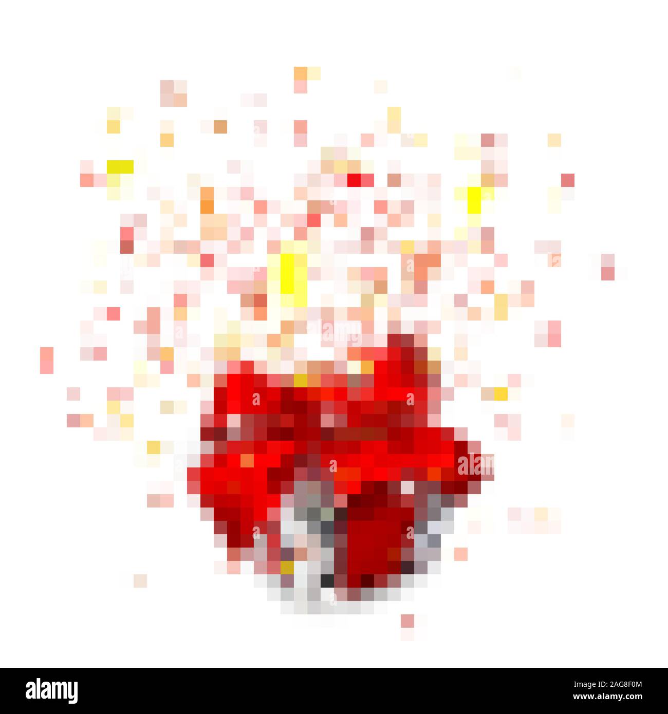 Realistico scatola regalo con fiocco rosso e coriandoli isolati su sfondo bianco. Illustrazione Vettoriale. Illustrazione Vettoriale