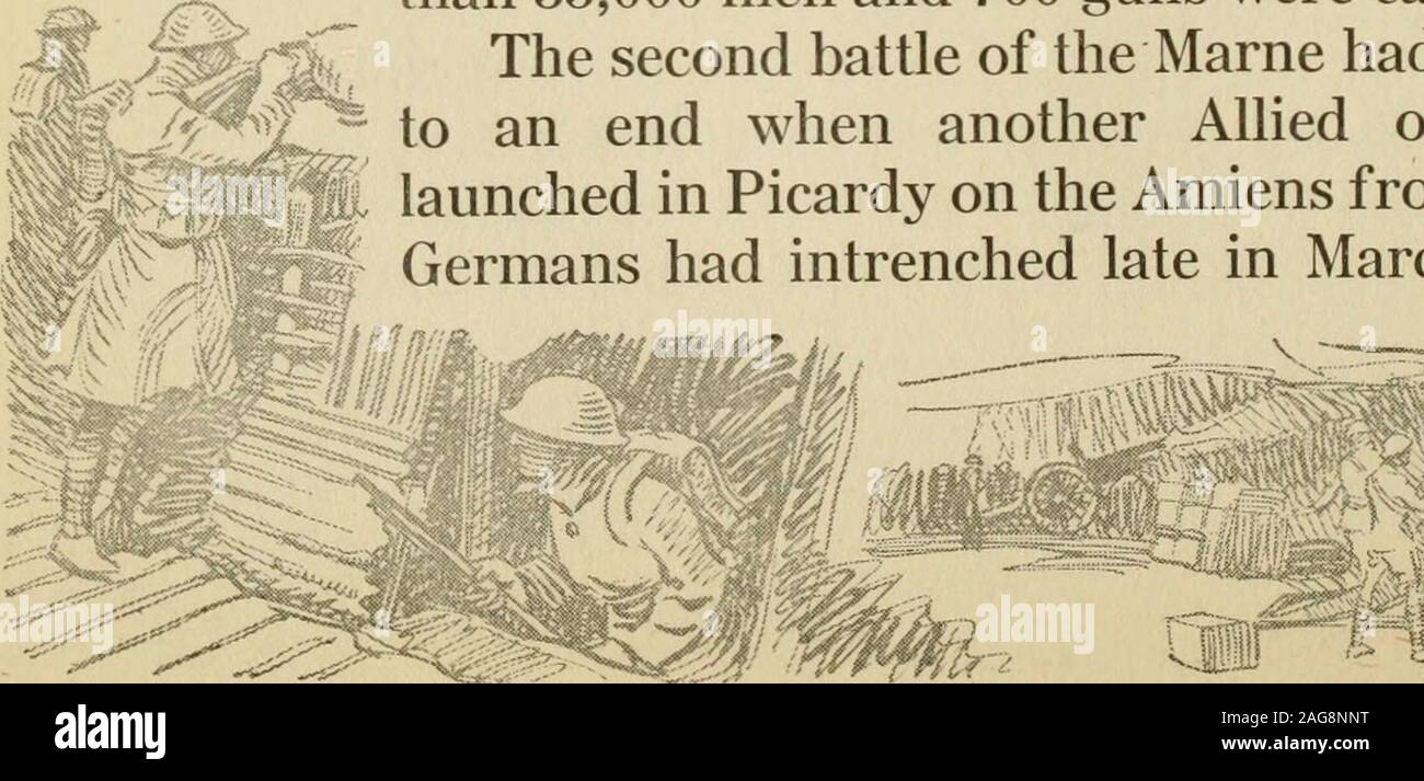 . Una storia della guerra e la famiglia guerra del record di servizio, 1914-1919. mhouses furono bruciati. Campi di grano in crescita, ripefor il raccolto e secco, il nemico mise in fiamme, butsome di essa è stata salvata da piogge tempestive che extin-guished le fiamme. Munizioni abbandonate dai tedeschi. Molte munizioni e armi il enemywas impossibile distruggere. A Fere en Tardenois superiorea $4.000.000 che vale la pena di materiale bellico era capturedintact, mentre i serbatoi, automobili, autocarri e clothingwere prelevati illeso in molti luoghi. Mezzo milione di tedeschi erano in Marnepocket quando l offensiva alleata fu iniziata, eper un tempo era t Foto Stock