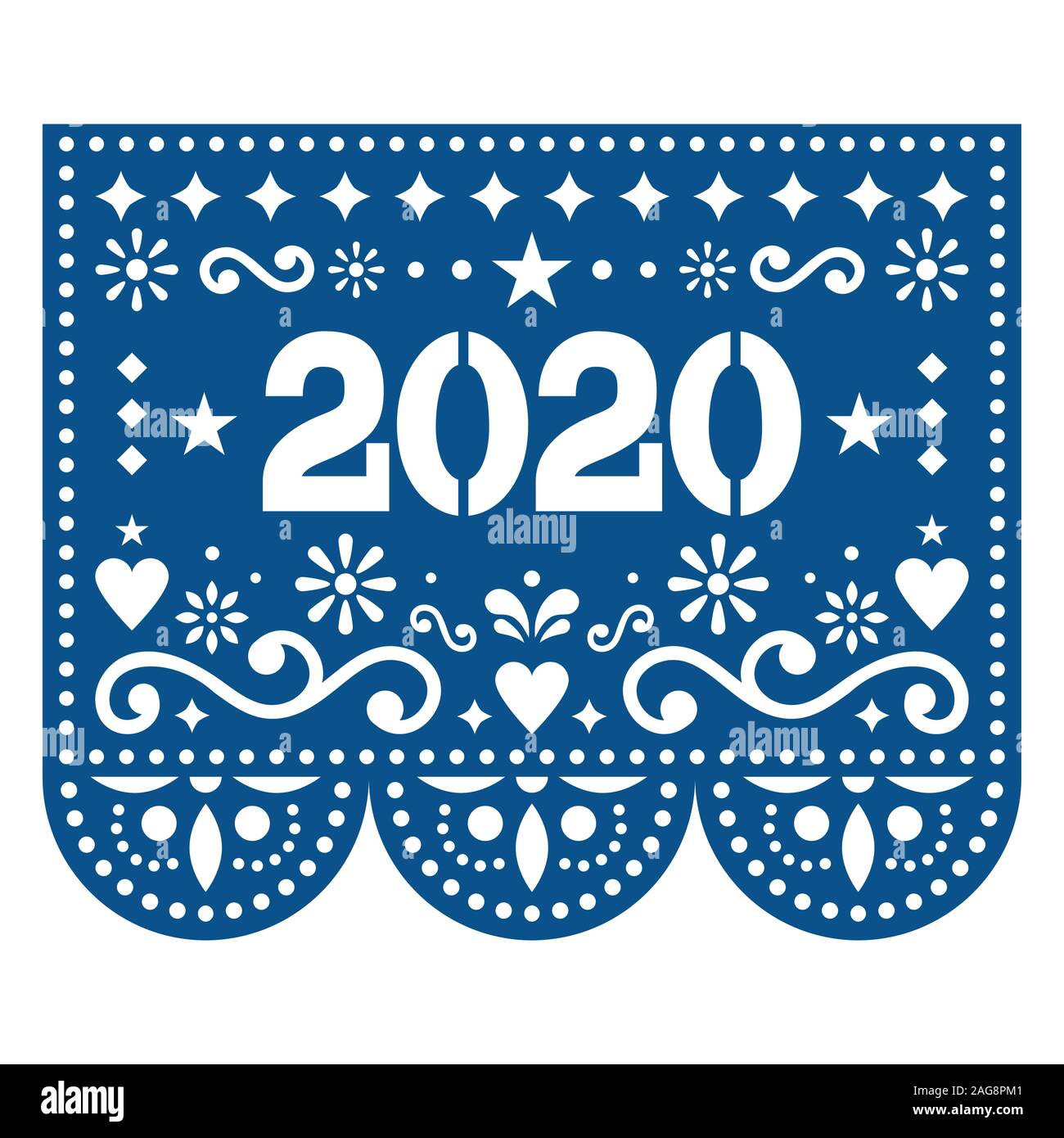 2020 Papel Picado vettore - design in stile Messicano Anno Nuovo messaggio di saluto nella scheda colore Pantone dell'anno - Blu classico Illustrazione Vettoriale
