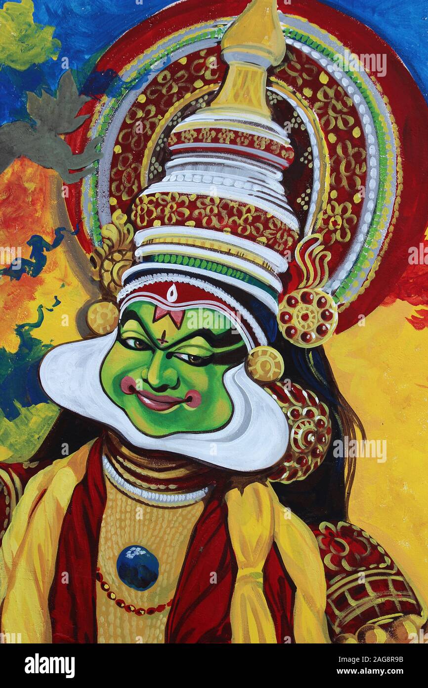 Pittura di Pacha vesham (Krishna) da Kathakali, una forma d'arte classica di danza Kerala, India Foto Stock