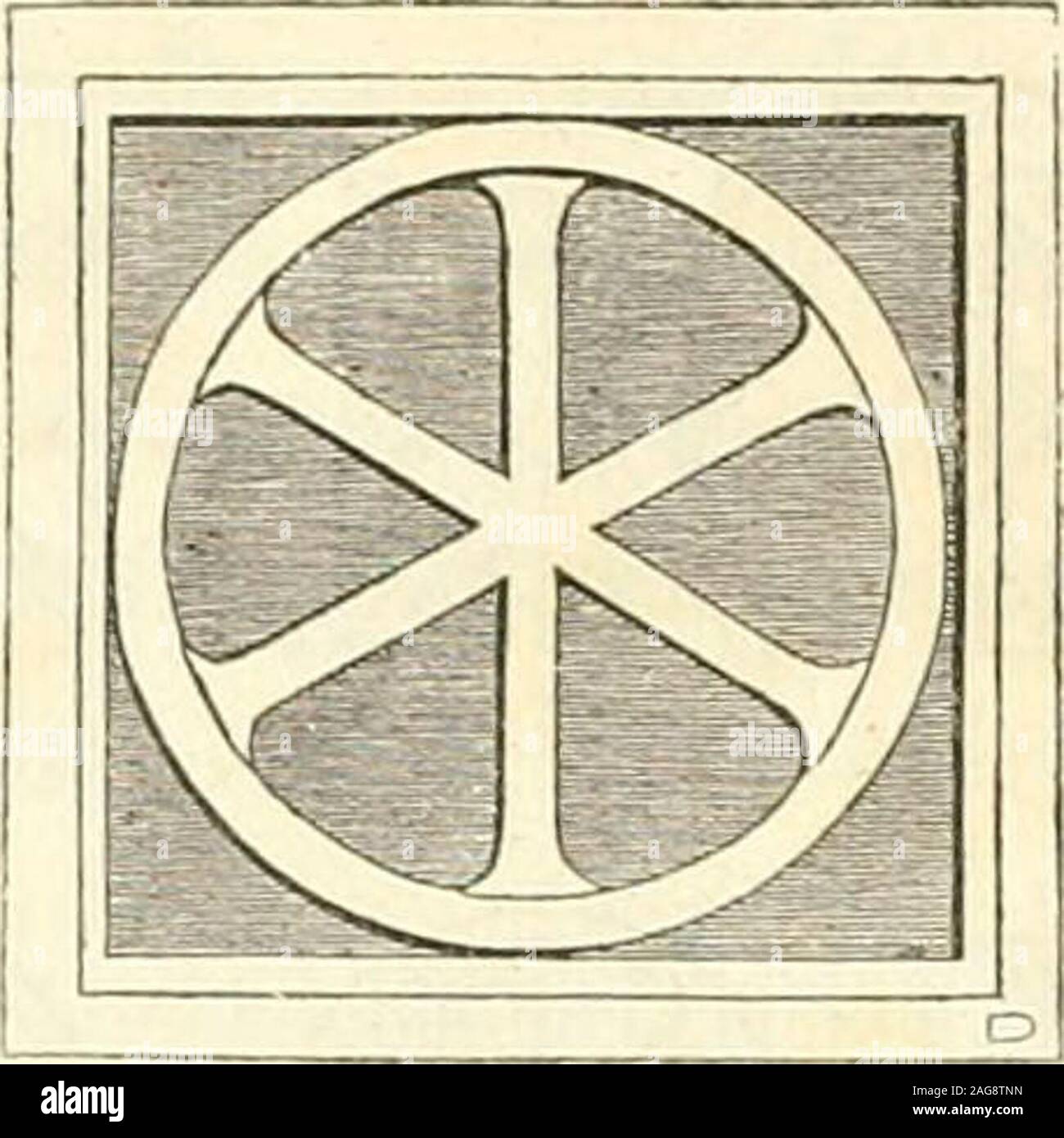 . Iconographie chrétienne; histoire de Dieu. désignentprobablement Le triomphe et la gloire ; le n° k, comme le n° MI,se complète par lA et lD, qui signifient que le Cristo lecommencement est et la fin de tout. Le n° 5 est inscrit dans unmédaillon, mais les rayons de cette roue mystique touchentà la circonférence et se confondent avec elle, tandis que ceuxdu n 6 ny adhèrent pas. En outre, cette dernière figurenoffre plus onu rho, mais iôta onu, qui est la première lettredeiro-otiç comme le chi est la première de Xe^cr/oç. Ce sixièmemonogramme est donc plus complet; les précédents ne disentque: Ch Foto Stock