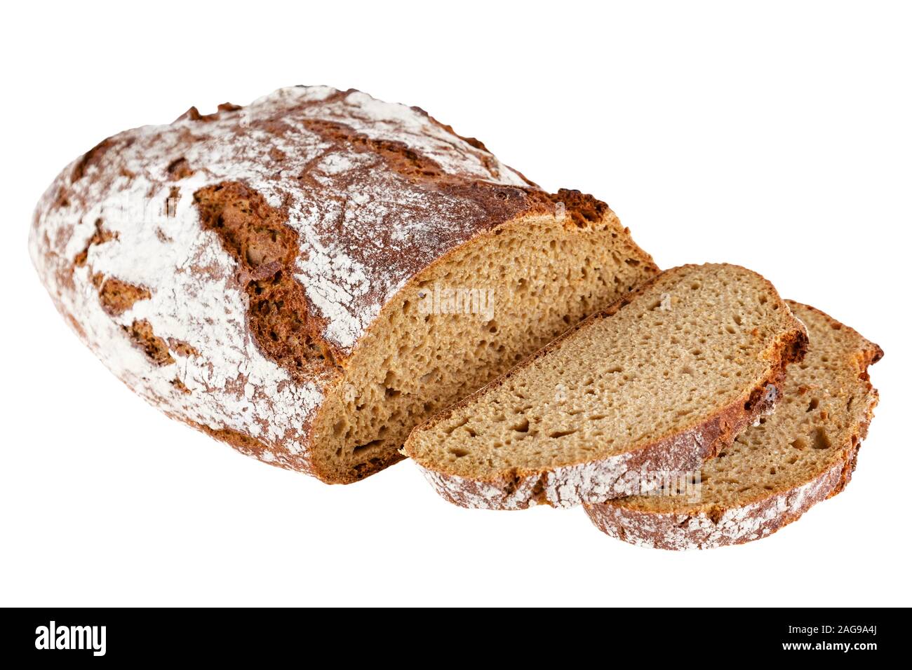 Pane di segale metà e due fette isolata fuori taglio Foto Stock