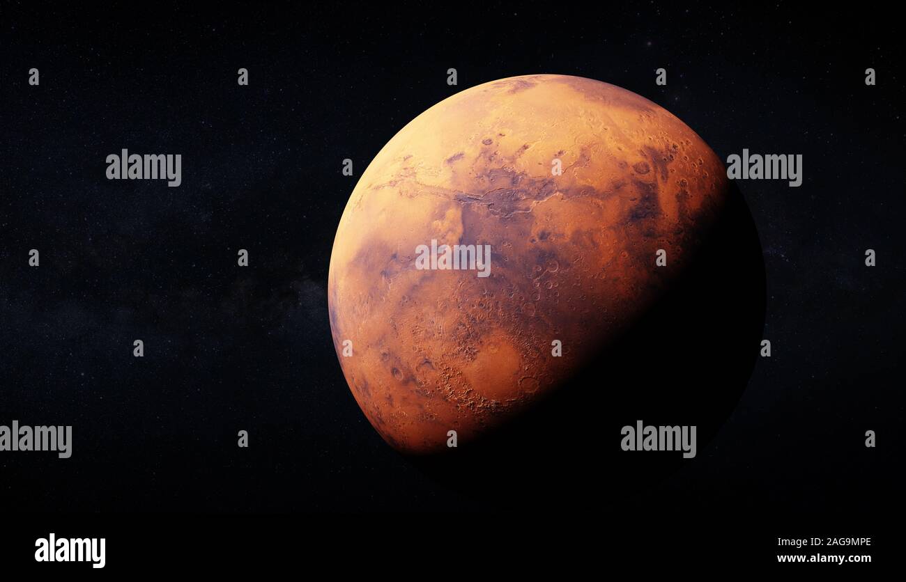 Ultra realisic 3d rendering di Marte e la Via Lattea in backround. Immagine utilizza grandi 46k texture dettagliate per l aspetto di la superficie del pianeta. Eleme Foto Stock
