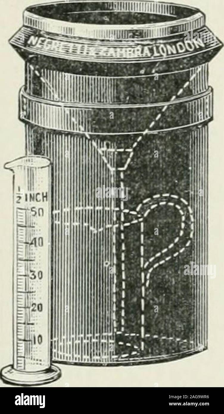 . Sanità pubblica e medicina preventiva. aduated misura vetro(Fig. 56). Se l'ex essere impiegato, è necessario misurare separatelythe importo raccolto. Quest'ultimo è atto a rompersi, specialmente durante il gelo. Indicatore Therain è il posto migliore nel terreno in una posizione esposta, con il suo piede di rima al di sopra della terra e chiara da •nulla che potrebbe eventualmente shelter it.neve o grandine sono stimati come pioggia aggiungendo una quantità nota di acqua calda watersufficient per fondere, misurando il risultato e detraendo l'acqua aggiunta. Calcolo.-Il diametro del cilindro dovrebbe essere una concreta numerodi pollici, Foto Stock