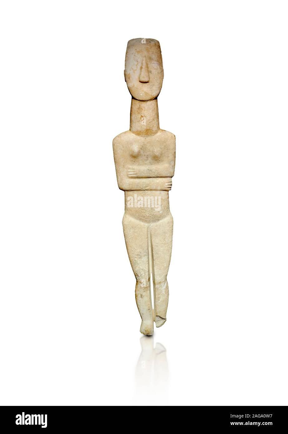 Femmina in marmo statua delle Cicladi figurine con i bracci ripiegati del tipo Spedos. Inizio periodo cicladico II (2800-3200) da Naxos, Cat n. 20934. Ar nazionale Foto Stock