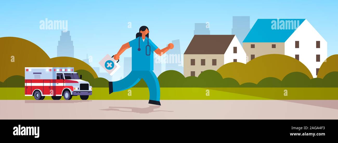Medico donna con kit di primo soccorso in esecuzione per aiutare il paziente medicina di emergenza sanitaria concetto ambulanza cottage backgrund paesaggio a piena lunghezza orizzontale piana illustrazione vettoriale Illustrazione Vettoriale