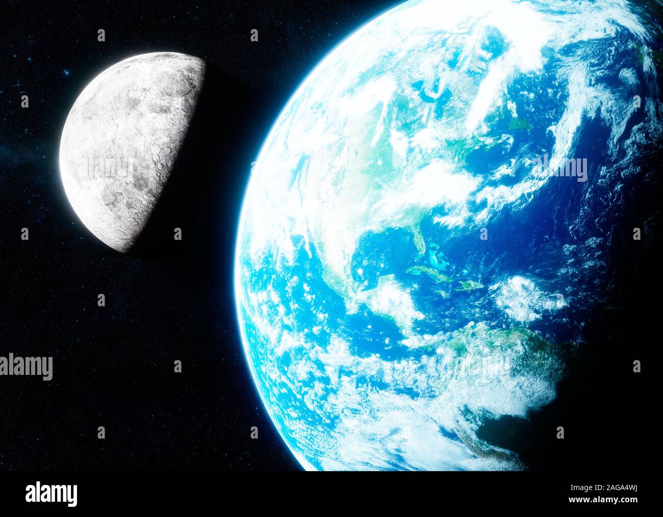 3D rendering fotorealistico della terra e della luna. Foto Stock