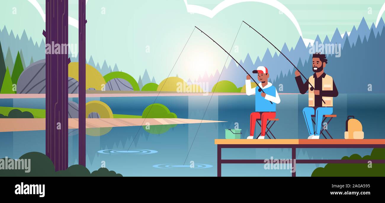 Il padre e il Figlio insieme di pesca da Pier uomo con little boy mediante aste happy weekend in famiglia fisher hobby concetto orizzonte acqua paesaggio forestale piana di sfondo per tutta la lunghezza orizzontale illustrazione vettoriale Illustrazione Vettoriale