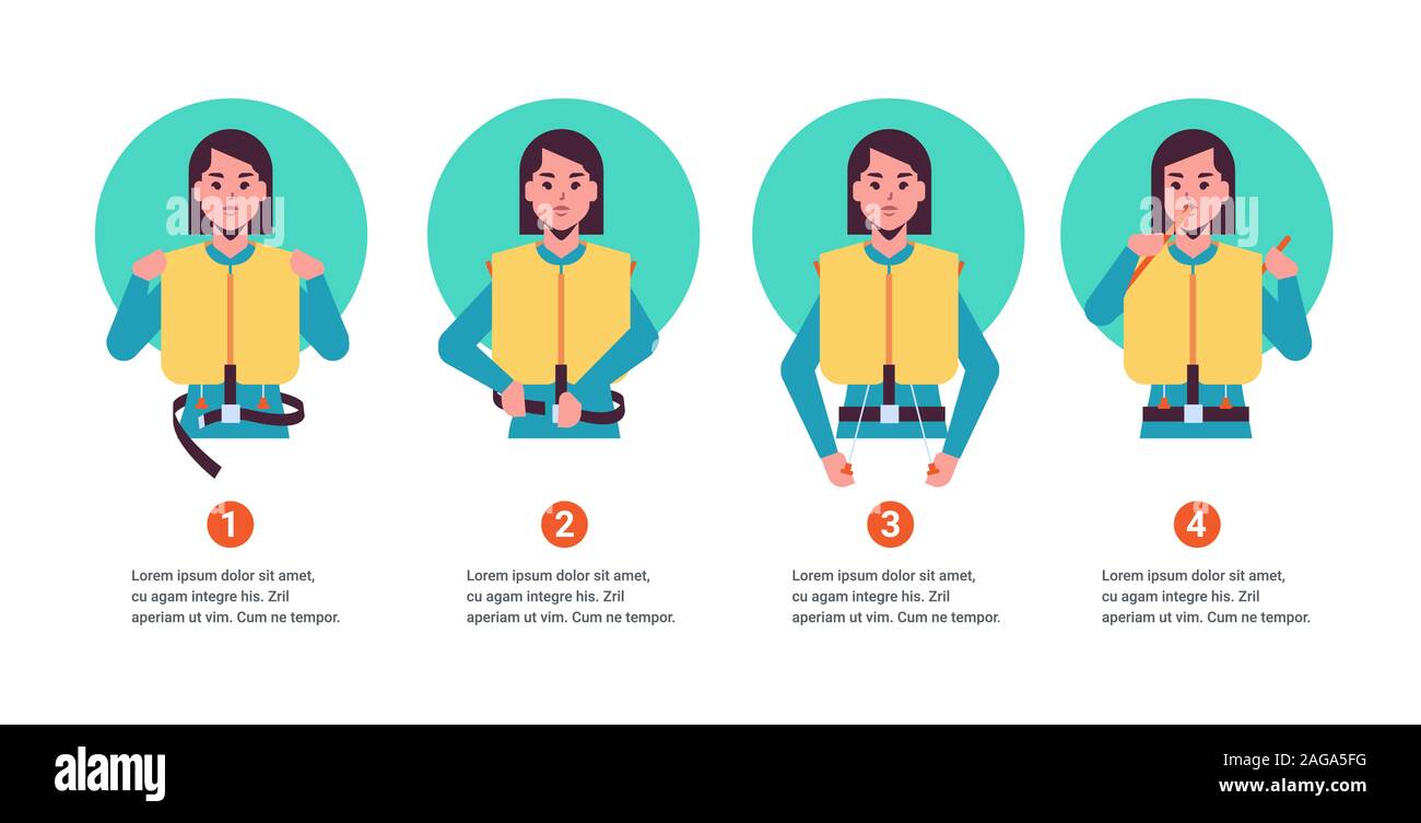 Impostare la guida dalla hostess assistente di volo donna spiegare le istruzioni di sicurezza con giubbotto salvagente passo per passo la dimostrazione di come comportarsi in situazioni di emergenza verticale orizzontale spazio copia illustrazione vettoriale Illustrazione Vettoriale