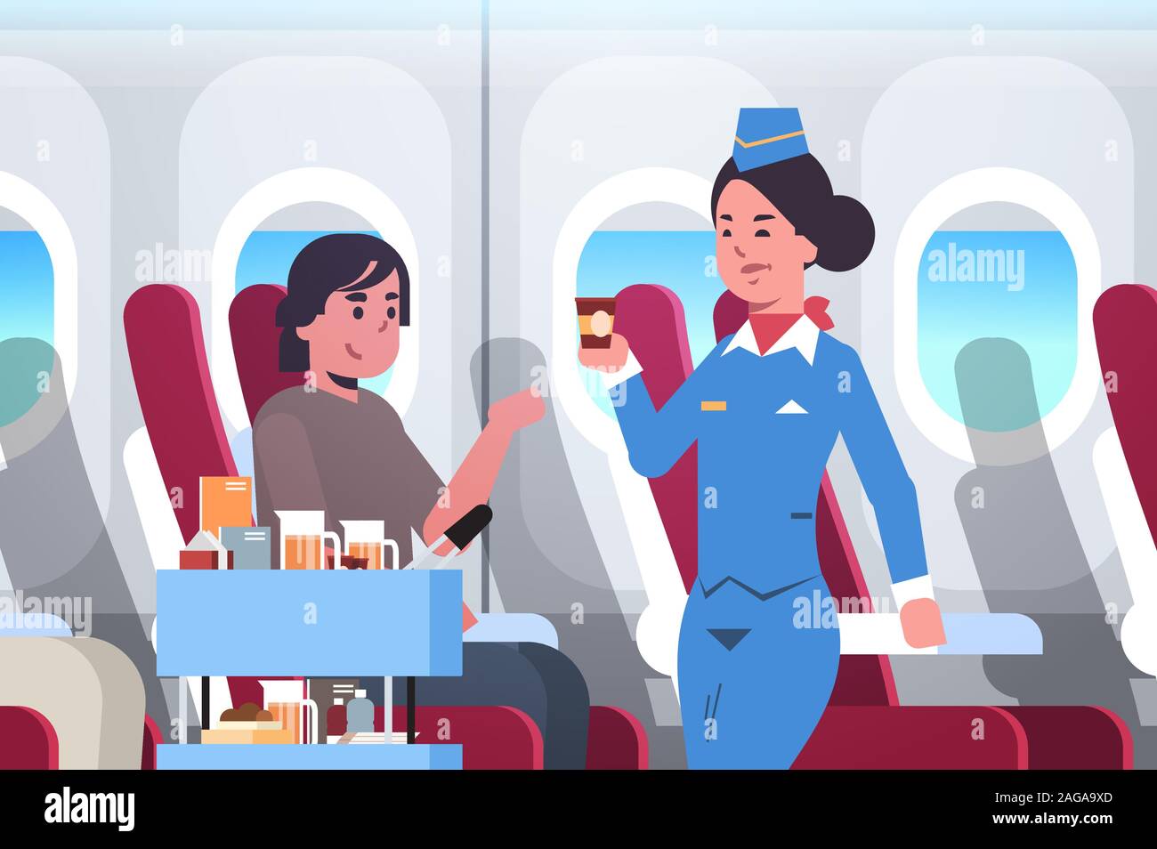 Assistente di Volo che serve bevande al passeggero hostess in divisa spingendo Carrello Il carrello di servizio professionale di concetto di viaggio aereo moderno bordo verticale interno piatto orizzontale illustrazione vettoriale Illustrazione Vettoriale