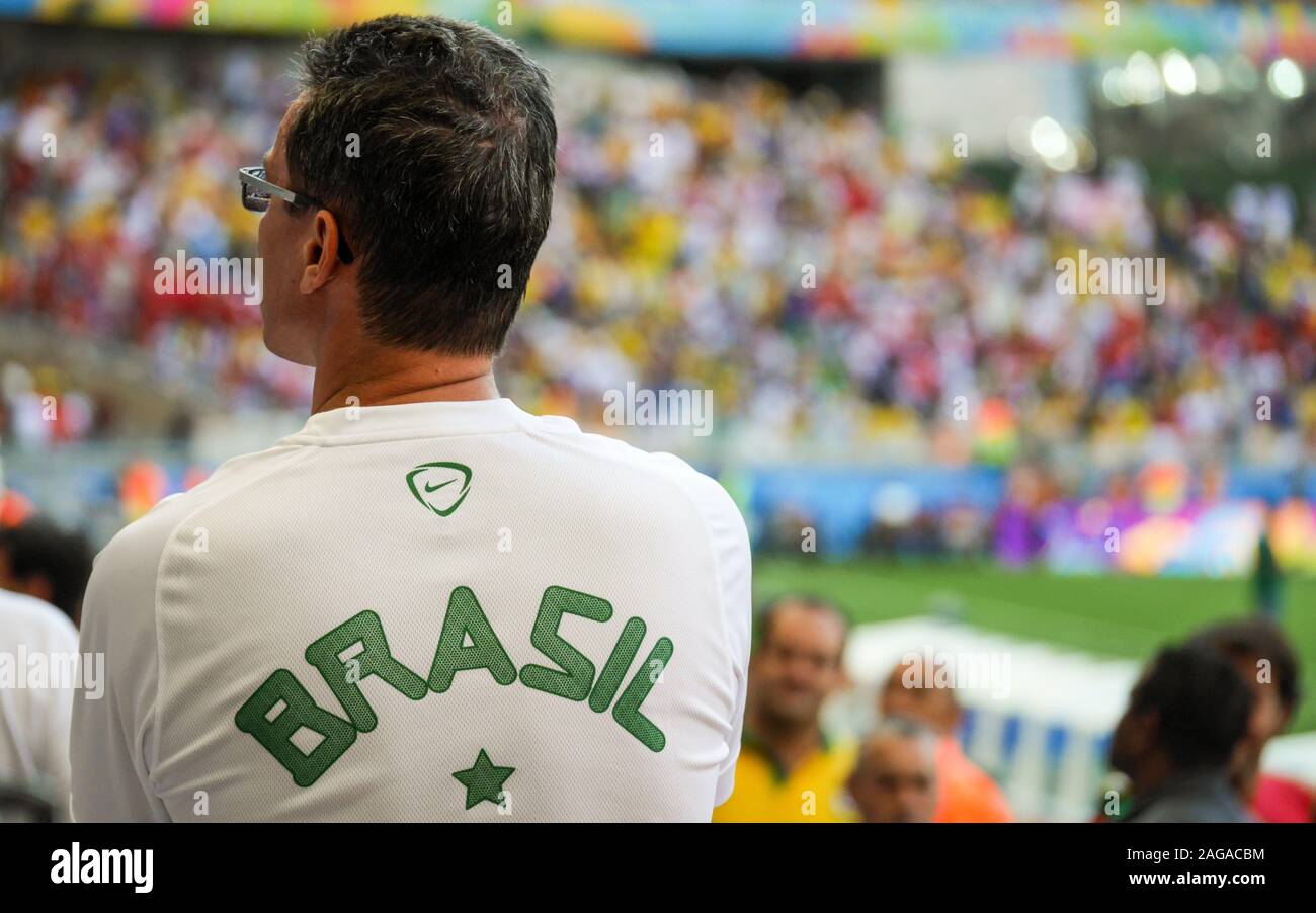 Un calcio brasiliano di supporto della ventola la sua squadra nazionale che a livello internazionale del gioco del calcio con defocussed folla in background terrazze. Foto Stock