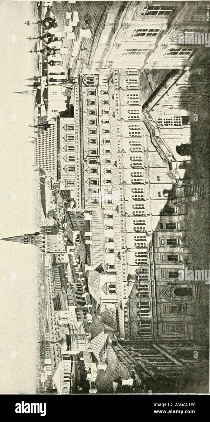 . Moscou. es tsarinesrusses au temps jadis quen visitant le terem. Bien que le mot rime avec tiareiii et que - à certuni punti de vue•- il évoque des idées analoghi, il nido punto, comme on le croit tropolontiers, dorigine orientale. Il sè rattache à onu mot grec de la langueclassique importé en Russie par suite des nombreuses relazioni avec laGrèce bizantino - ::£0£;j.vov, toit, par suite maison, demeure. Su un essayéde traduire le mot terem par belvédère : le plus simple est Je crois garder dele tel c^uil est. Le style de ce palais, dont les divers étages sont en retrait les unssur les aut Foto Stock