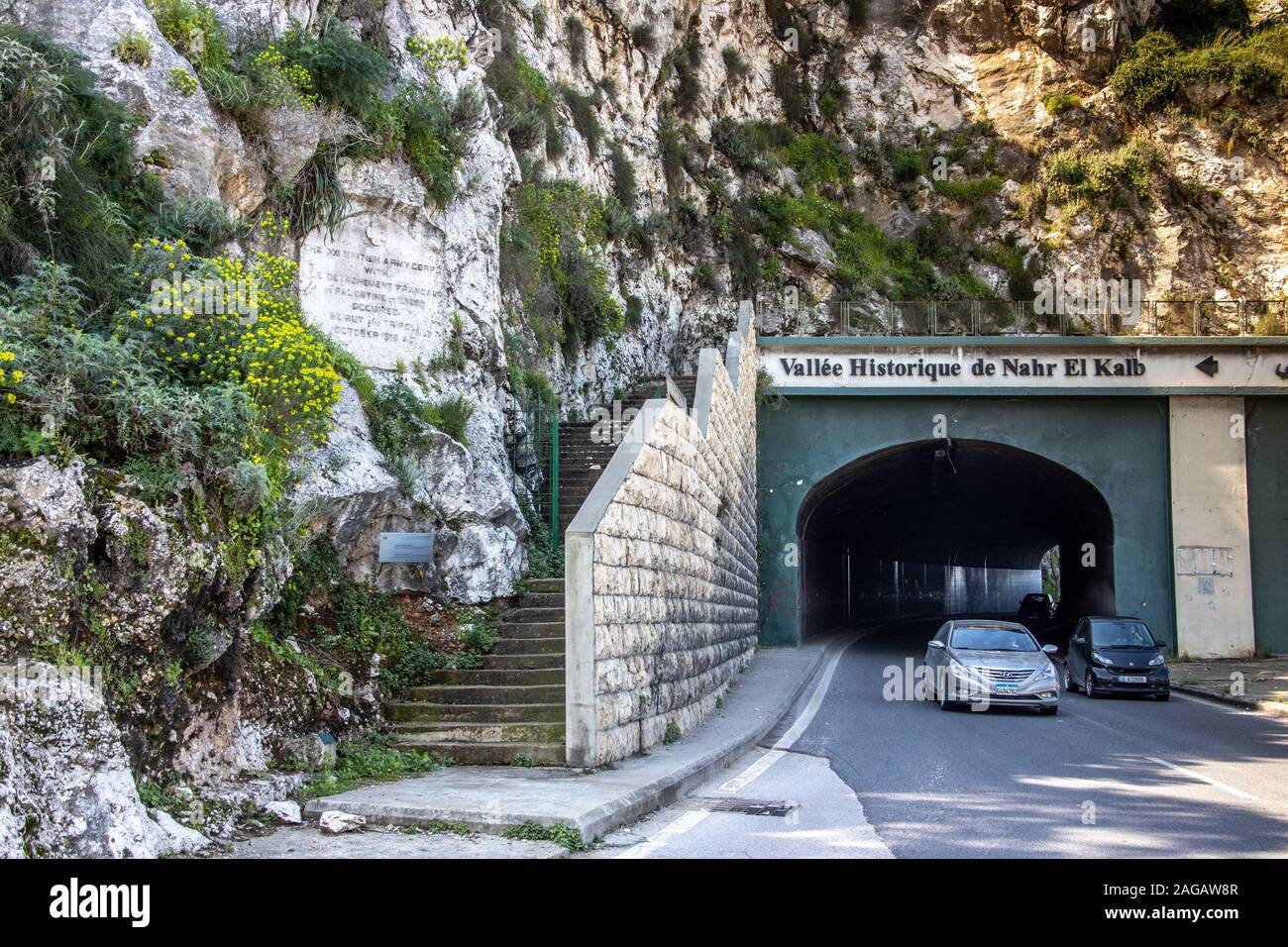 Occupazione di Beirut e Tripoli stele, Valle archeologica di Nahr el-Kalb, vicino a Beirut, Libano Foto Stock