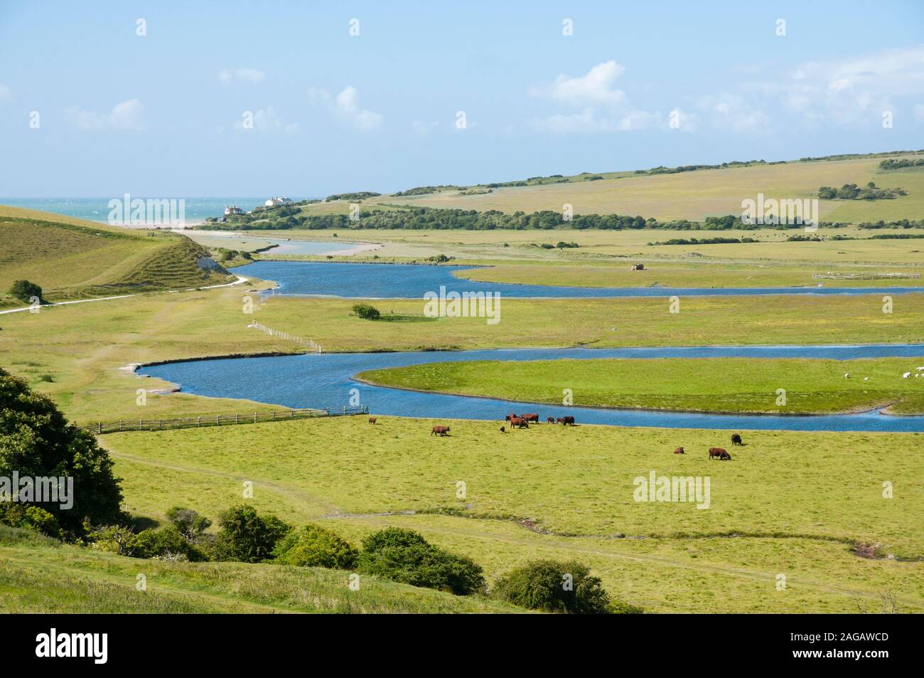 Cuckmere Haven con il fiume e la vallata e la vista del mare lontano, East Sussex, Regno Unito Foto Stock