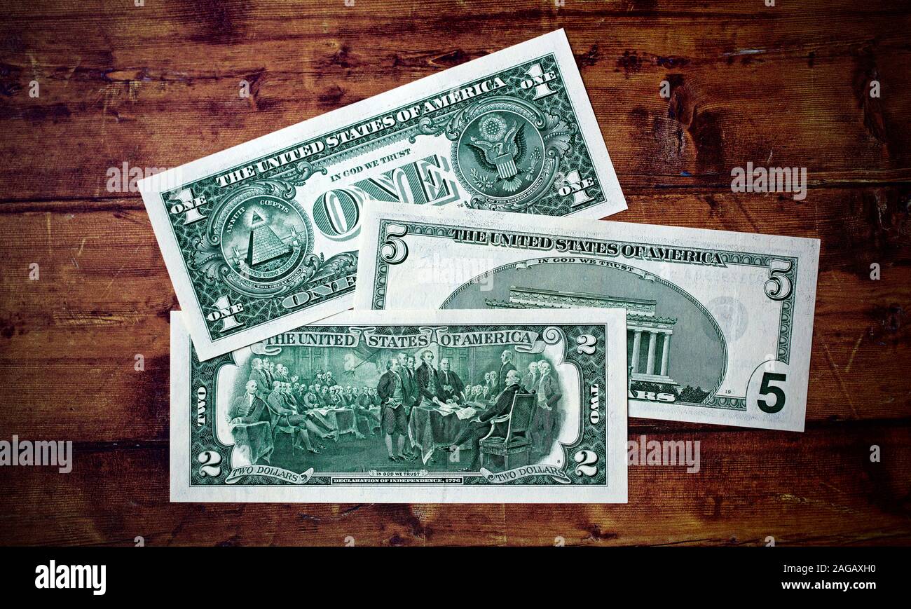 Stati Uniti uno-dollaro, due-dollaro e cinque dollari Foto Stock