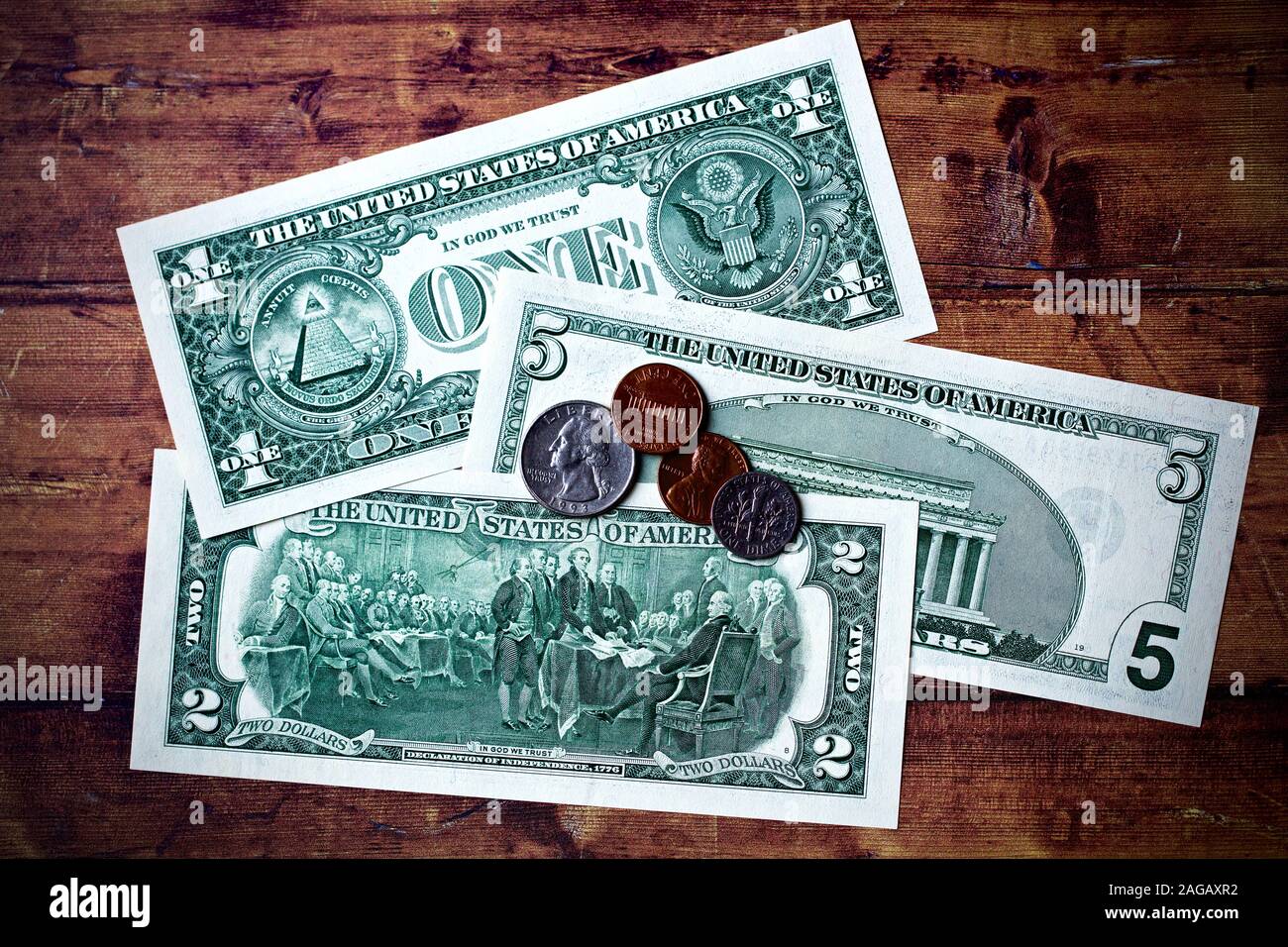 Stati Uniti uno-dollaro, due-dollaro e cinque dollari Foto Stock
