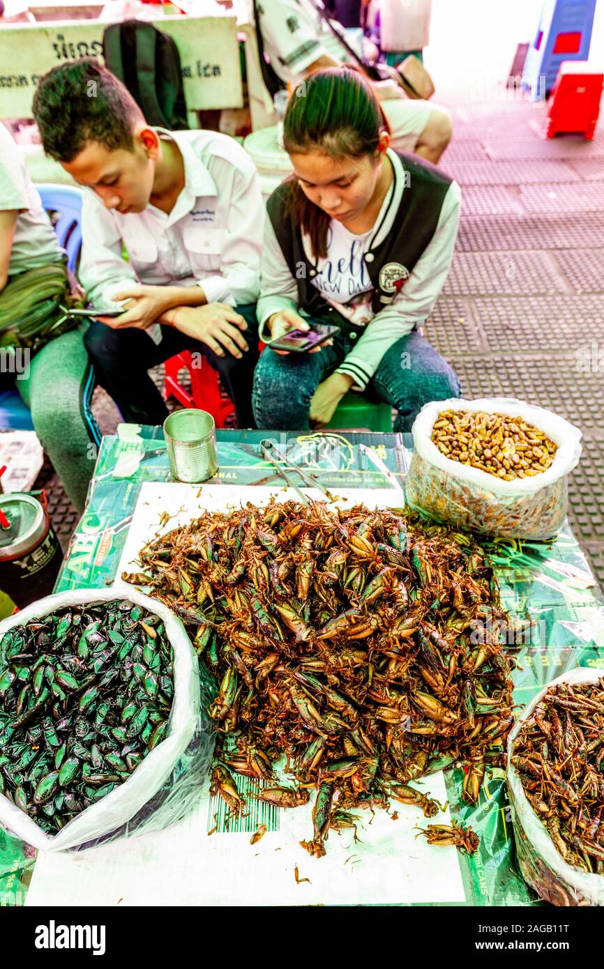 Insetti/bug per la vendita al mercato centrale di Phnom Penh Cambogia. Foto Stock