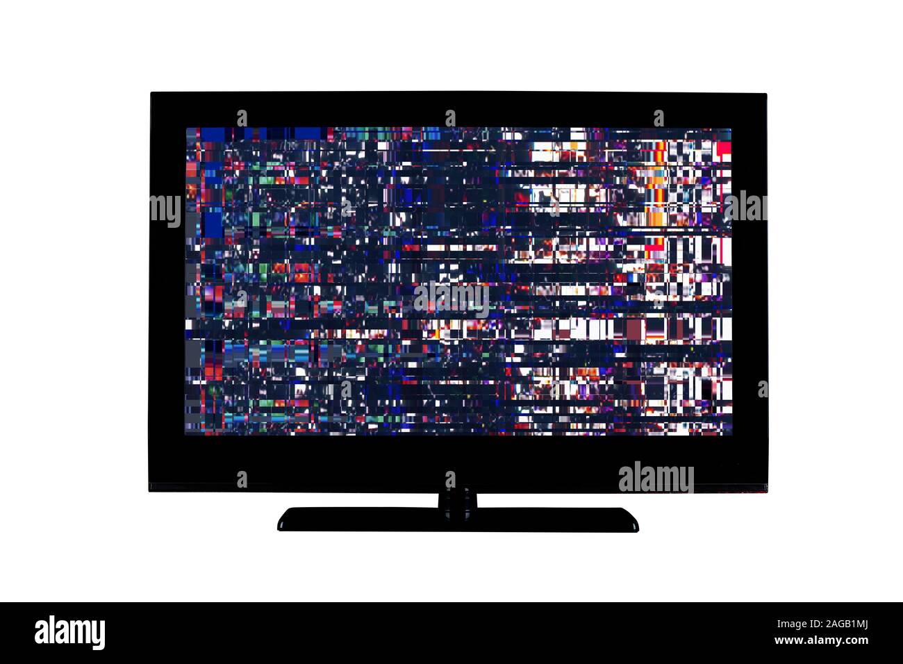 Monitor full hd o tv con digital glitch, distorsioni sullo schermo isolato su sfondo bianco Foto Stock