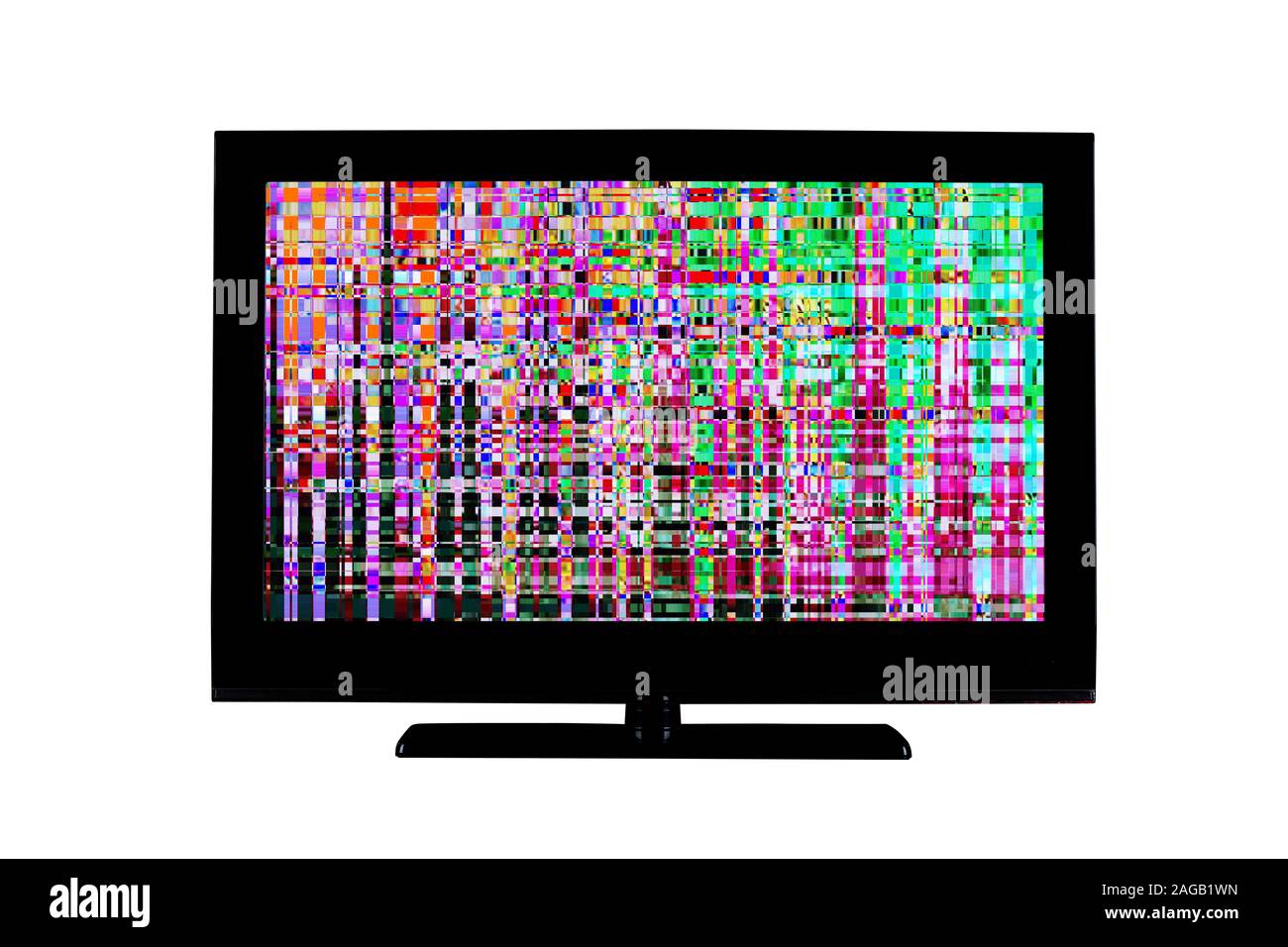 Monitor full hd o TV con digital glitch, distorsioni sullo schermo isolato su sfondo bianco Foto Stock