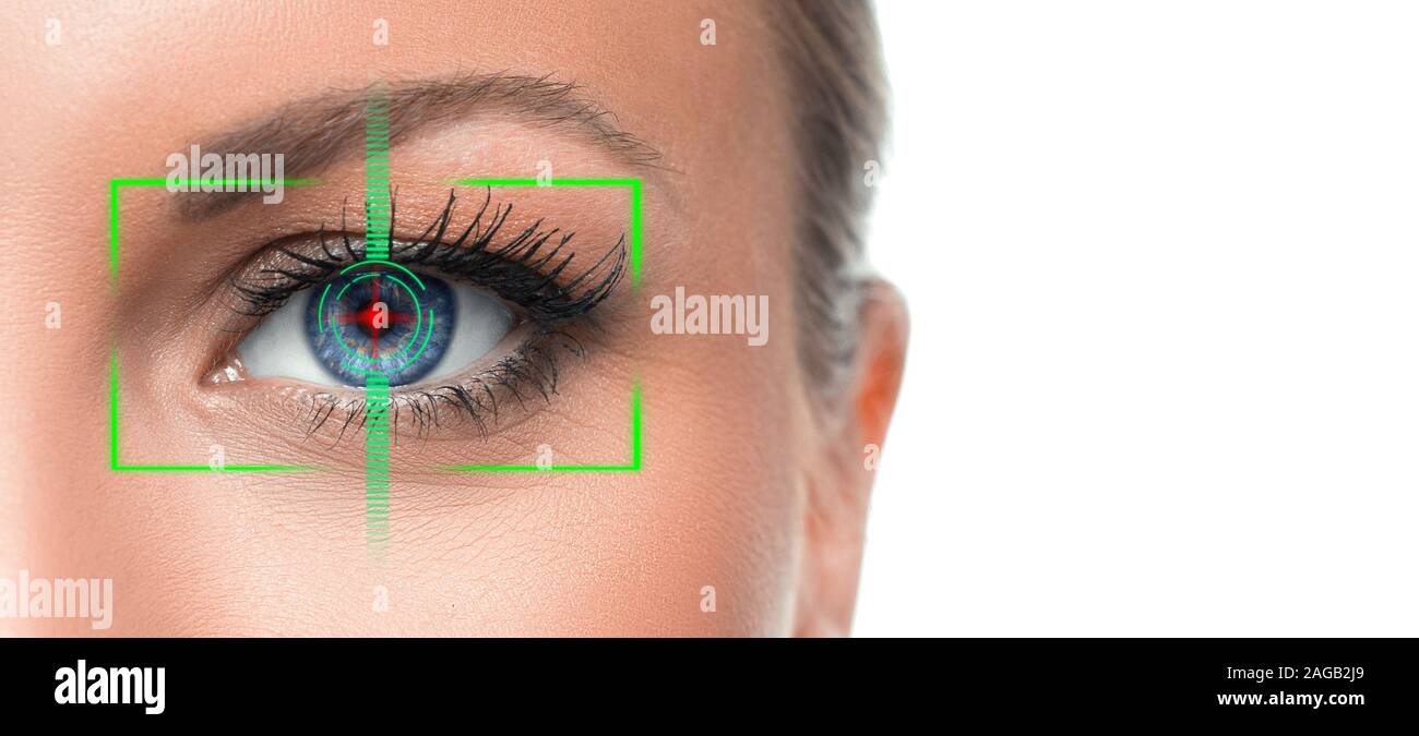 Occhio concetto ID. Occhio femmina. Close up foto su sfondo bianco. Foto Stock