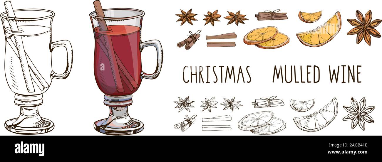 VIN brulé con spezie e fette d'arancia. Set di immagini vettoriali colorate e scritte moderne isolate su bianco. Periodo invernale. Popolare bevanda di Natale Illustrazione Vettoriale