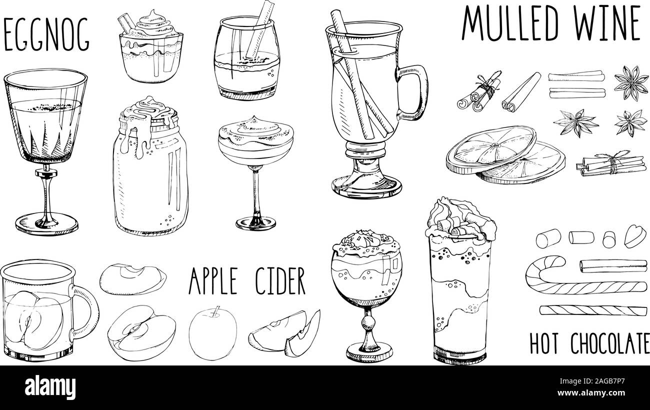 Set di popolari bevande calde invernali isolate su bianco. Immagini vettoriali monocromatiche di cocktail natalizi, frutta, spezie. Cioccolata calda, eggnog, sidro Illustrazione Vettoriale