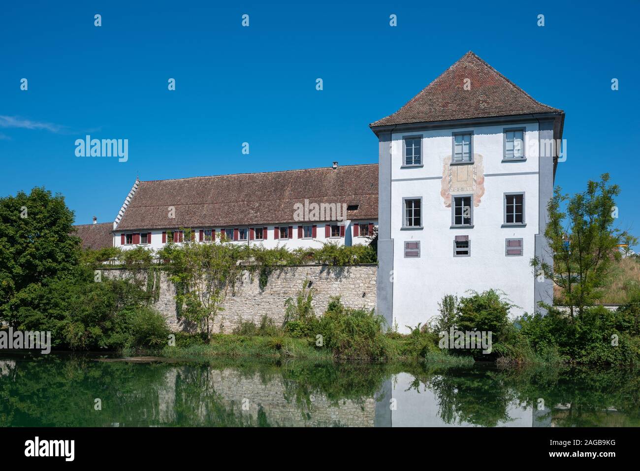 Panorama sul Reno con ex monastero del Monastero di Rheinau, Canton Zurigo, Svizzera, Europa Foto Stock