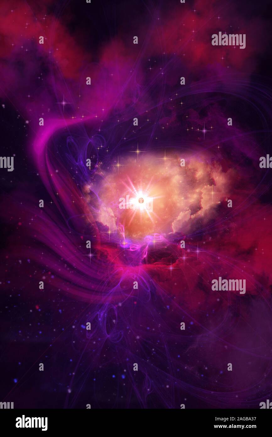 Complesso viola e rosso nubi molecolari circondano un enorme strepitosi star nebula nel cosmo infinito. Foto Stock